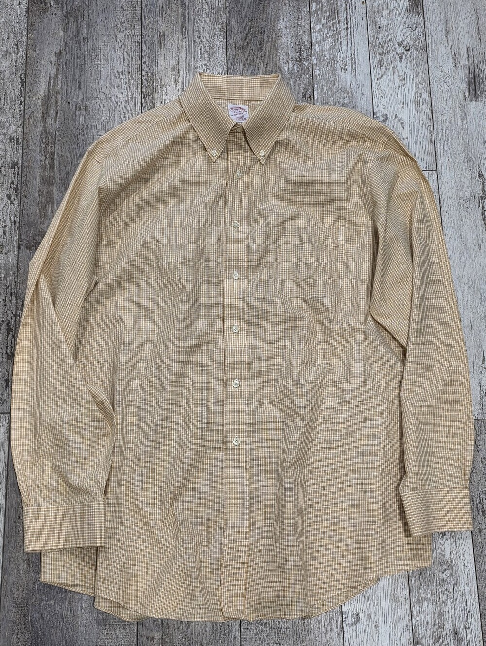 17-35 Men's Brooks Brothers Madison Dress Shirt Checkered Yellow Supima Cotton